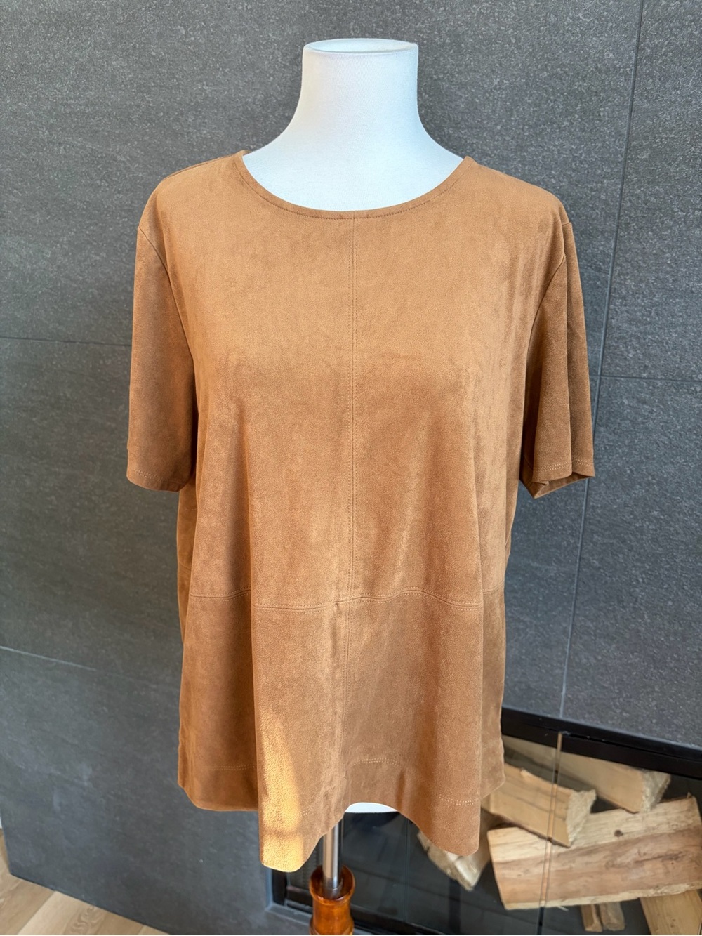 J Jill Fall Acorn Brown Stretch Short Sleeve Faux Suede Top Size Medium